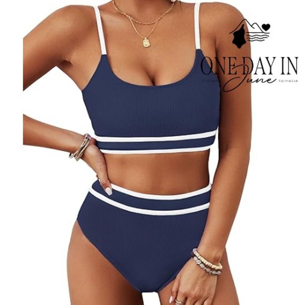 Blooming Jelly High Waisted Ribbed Crop Bikini Swimsuit Size S